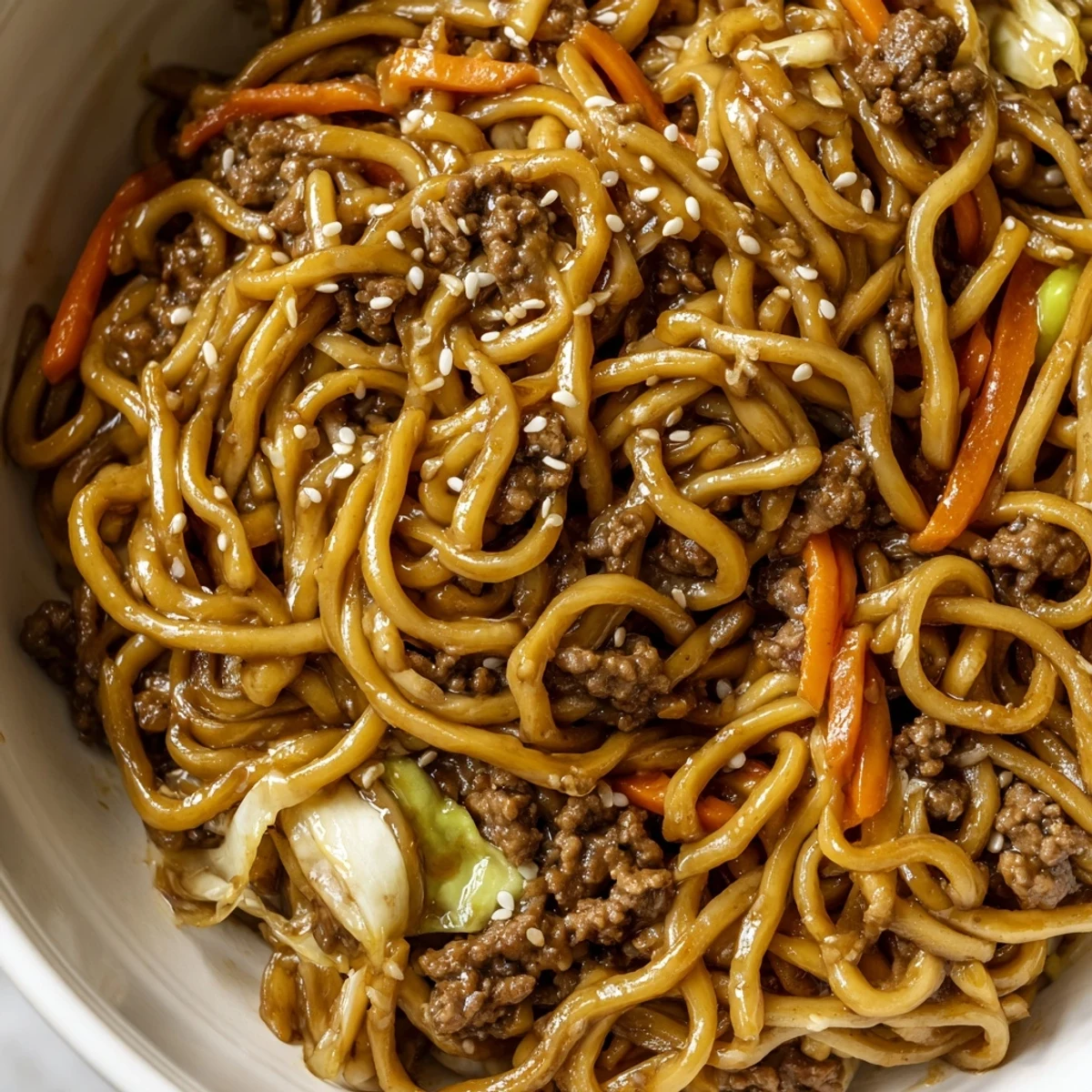 Asian ground beef noodles tossed with colorful vegetables in a savory sauce