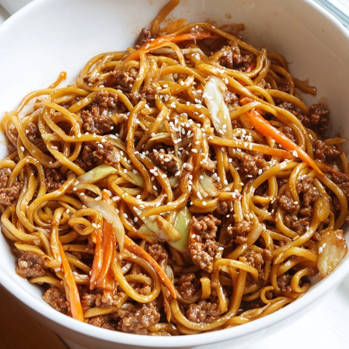 Sesame glazed Asian ground beef noodles topped with green onions and seeds