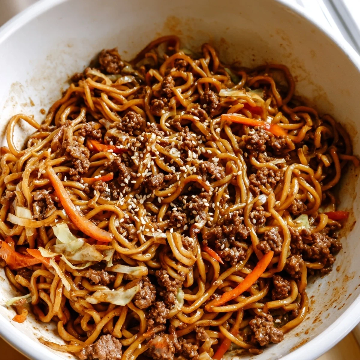 Steaming bowl of Asian ground beef noodles with tender cabbage and peppers