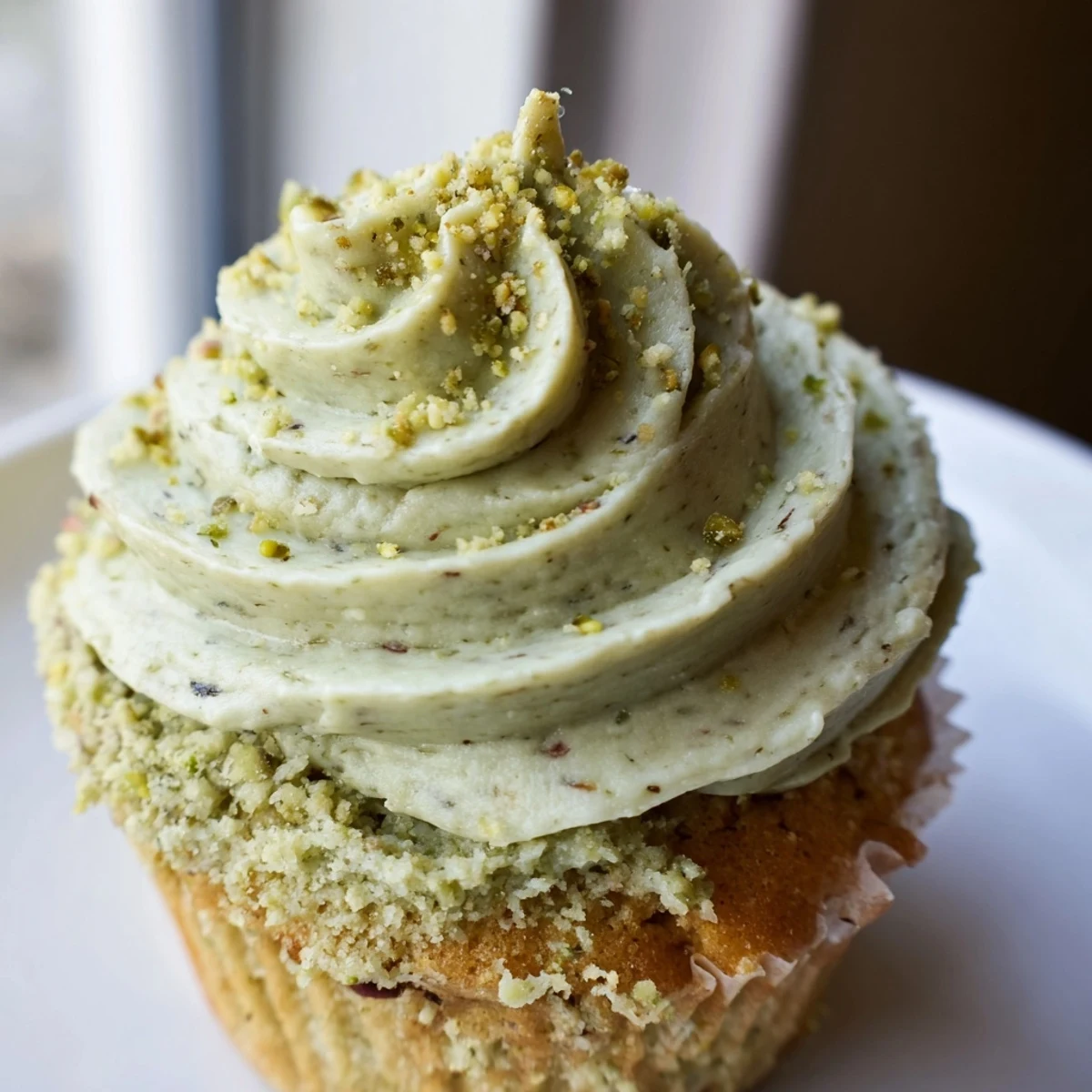 Soft pistachio cupcakes topped with fluffy green buttercream frosting on a white plate
