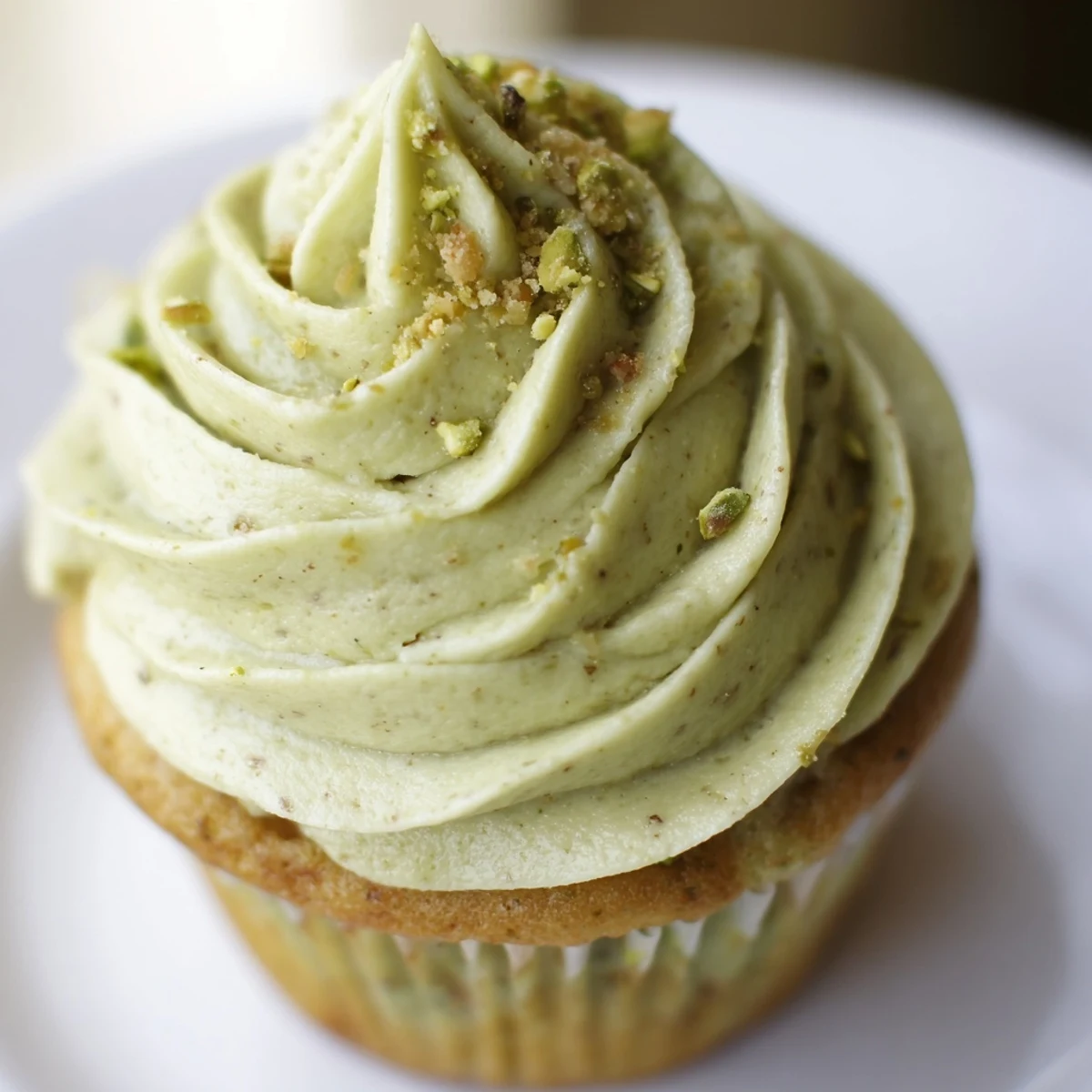 Homemade pistachio cupcakes with creamy nutty frosting and chopped pistachio garnish on top