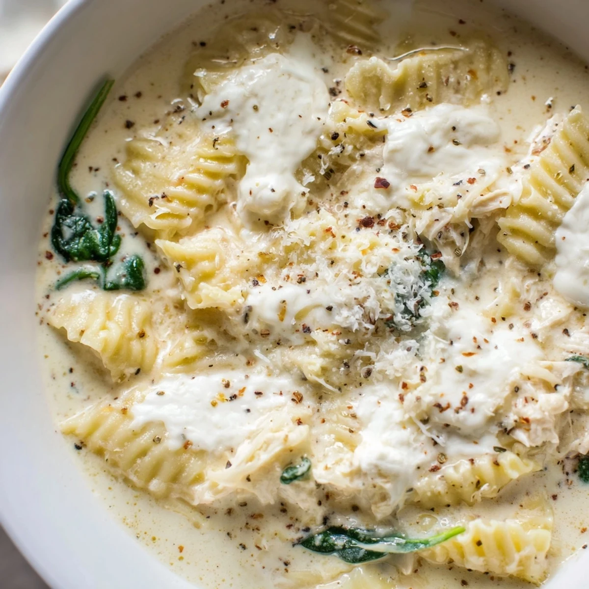 Steaming bowl of white lasagna soup topped with Parmesan and broken noodles