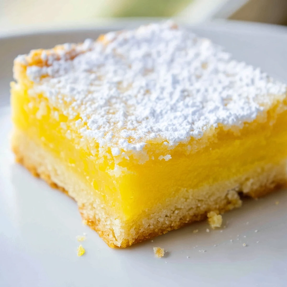 Golden lemon bars with powdered sugar dusting on a rustic cutting board