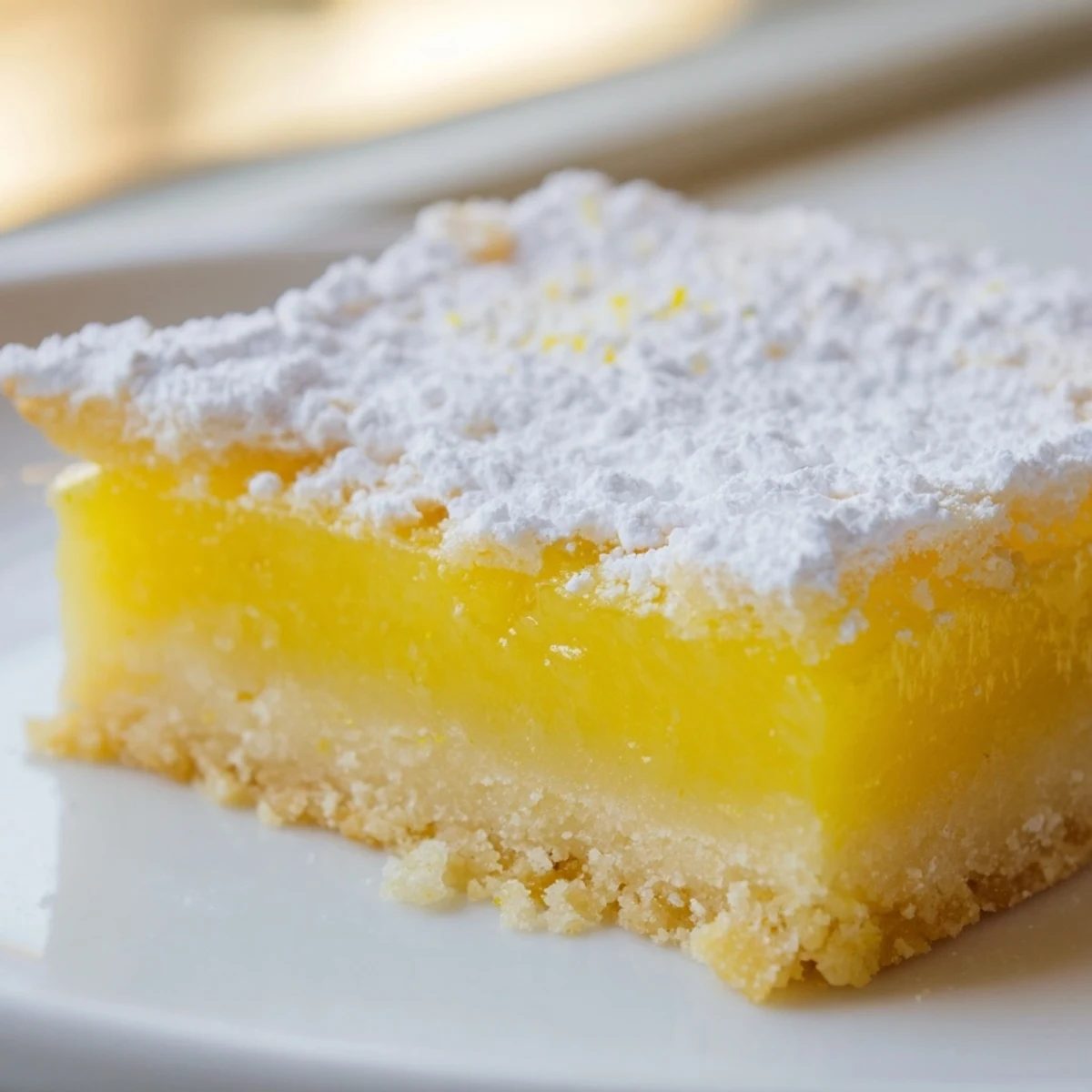 Tangy lemon bars sliced into neat squares topped with snowy powdered sugar