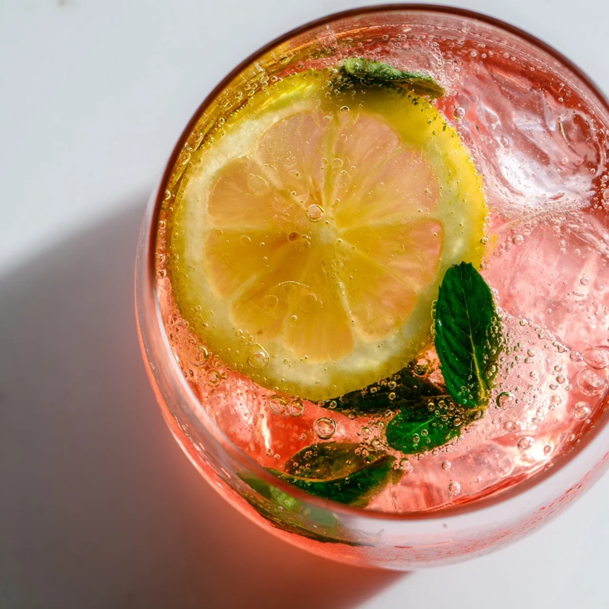 A frosted glass of honey lemon pink soda garnished with fresh mint and lemon slices