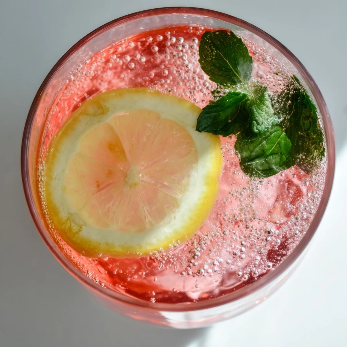 Refreshing honey lemon pink soda poured over ice on a sunny summer patio table