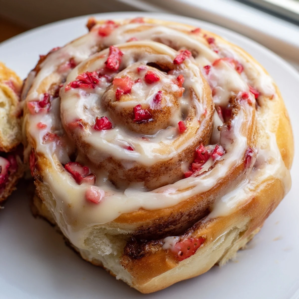 Golden Strawberry Cheesecake Cinnabon Rolls drizzled with creamy vanilla glaze on a rustic baking dish