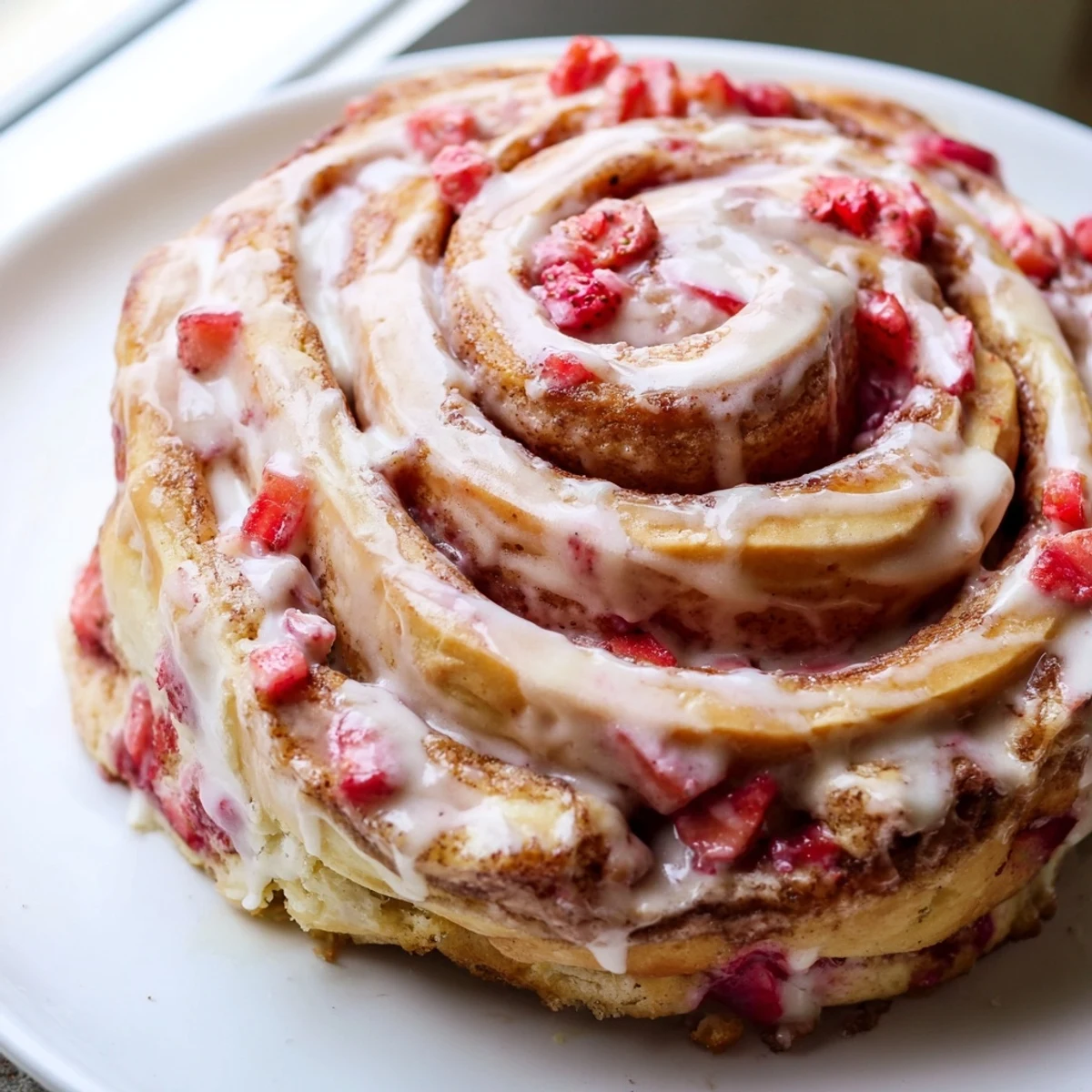 Swirled Strawberry Cheesecake Cinnabon Rolls fresh from the oven with sweet strawberry filling oozing out
