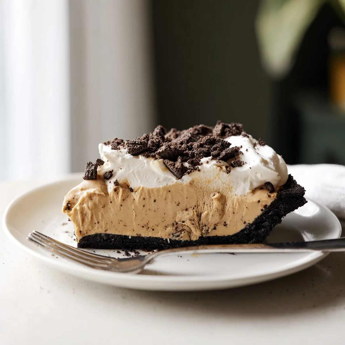 Creamy peanut butter Oreo pie with whipped topping and cookie crumbles on a dessert plate