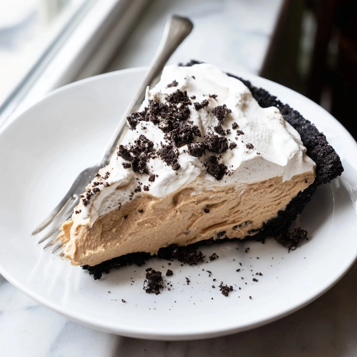 Silky peanut butter Oreo pie sliced to reveal the chocolate cookie crust and fluffy filling
