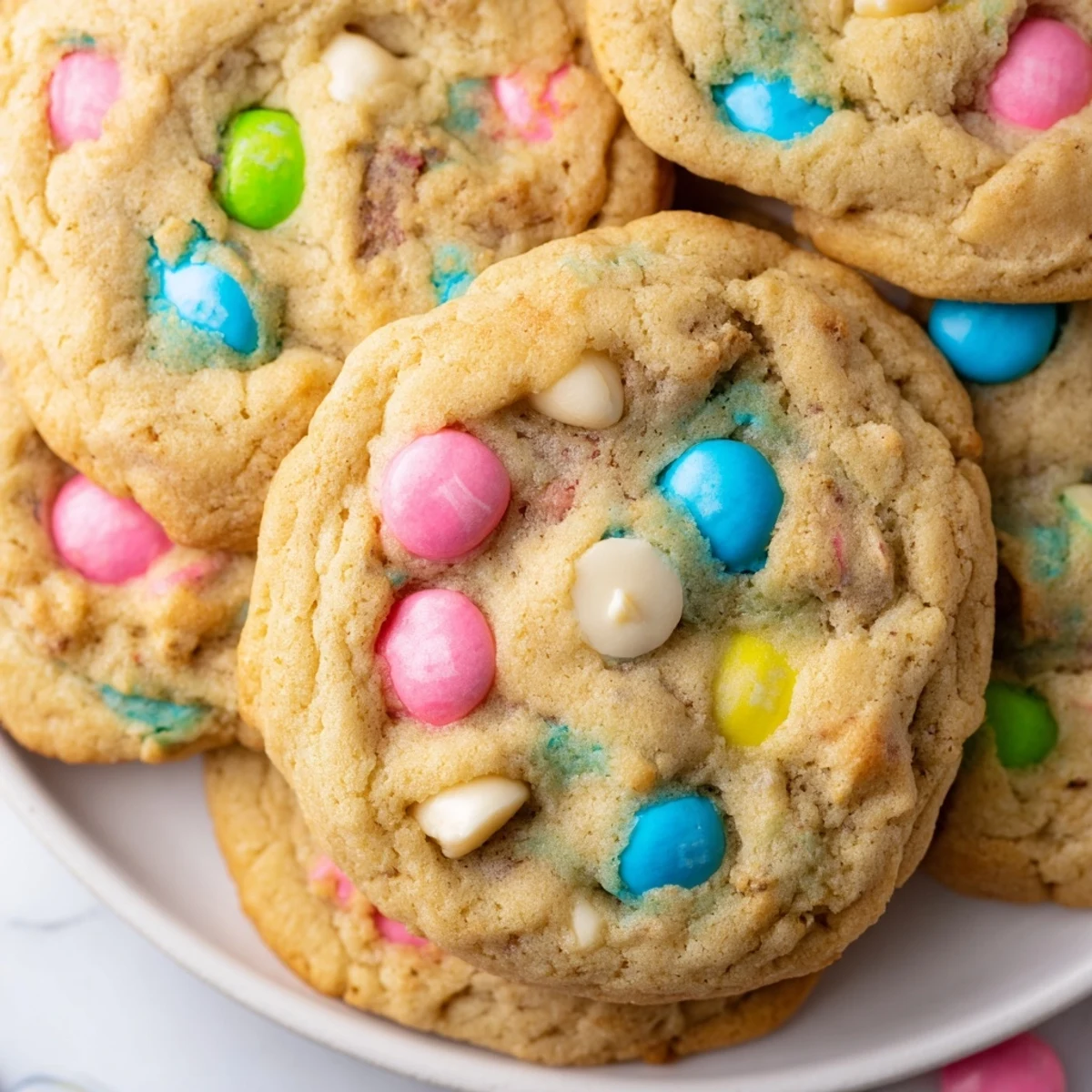 Soft chewy M&M bunny cookies topped with colorful pastel candies on a rustic baking sheet