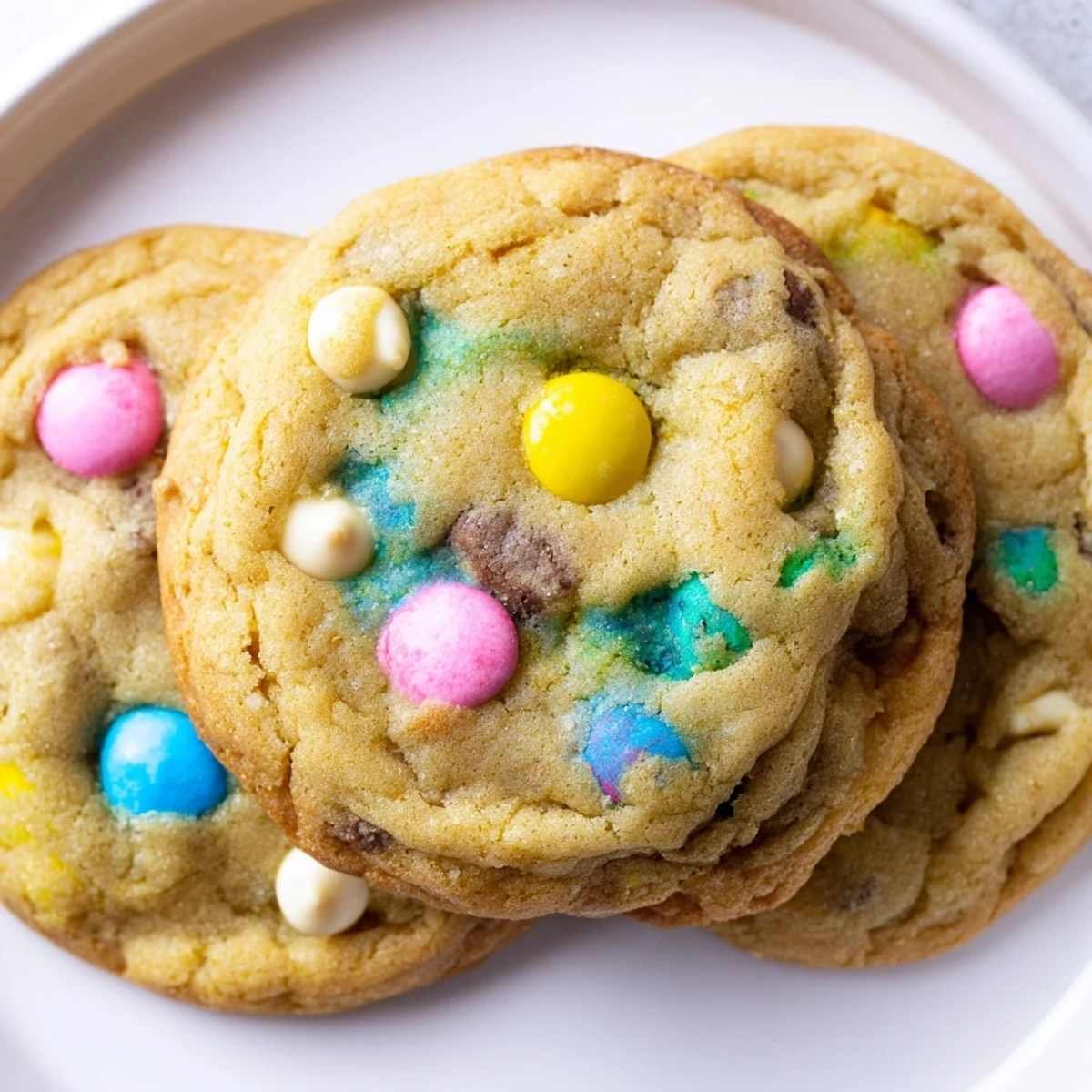 Golden brown M&M bunny cookies with melty chocolate candies arranged on a white serving plate