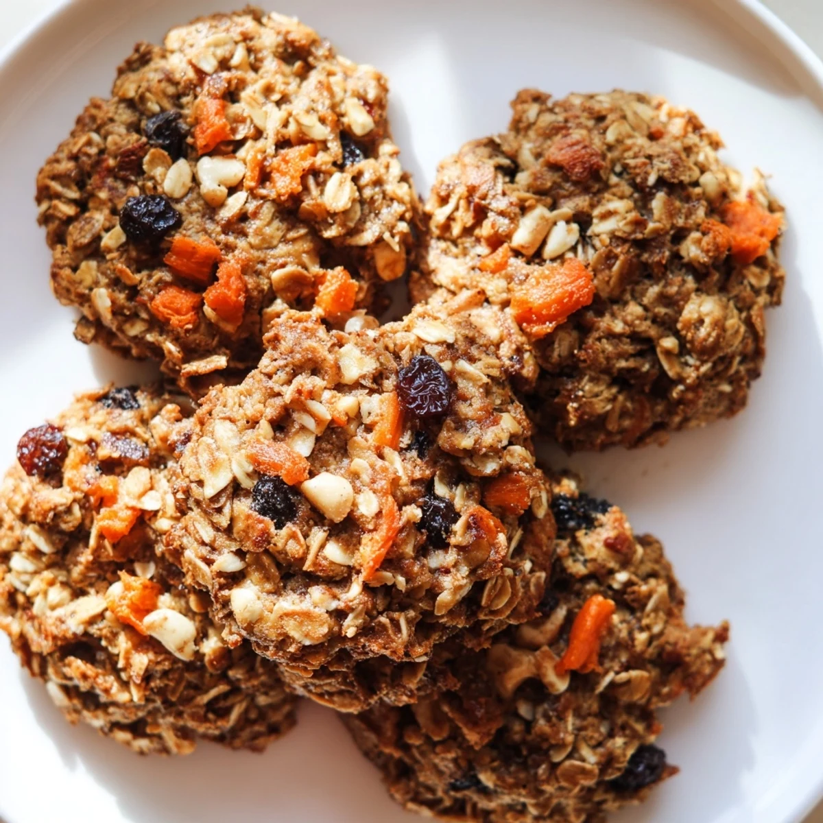 Chewy carrot cake cookies with visible oats and shredded carrots on rustic baking sheet.