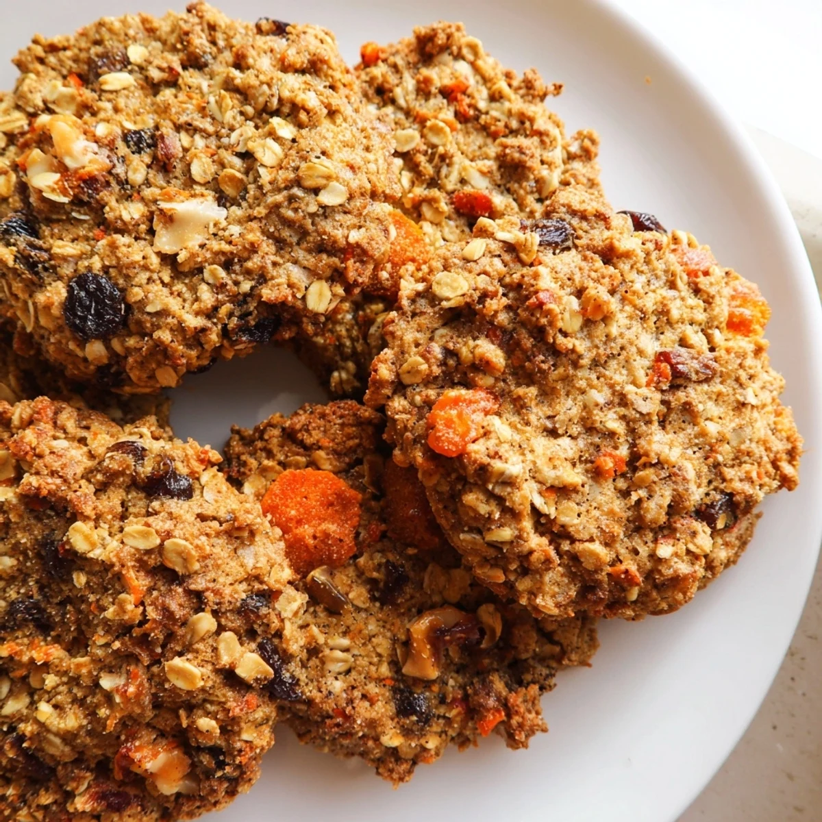 Golden chewy carrot cake cookies studded with walnuts and raisins stacked on plate.