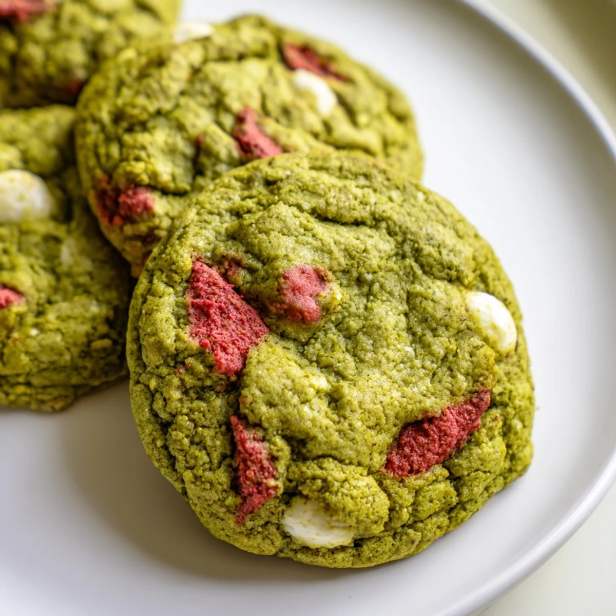Soft strawberry matcha cookies with speckled red pieces on rustic parchment baking paper