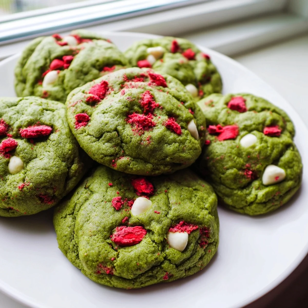 Vibrant green matcha cookies studded with ruby strawberry bits cooling on wire rack