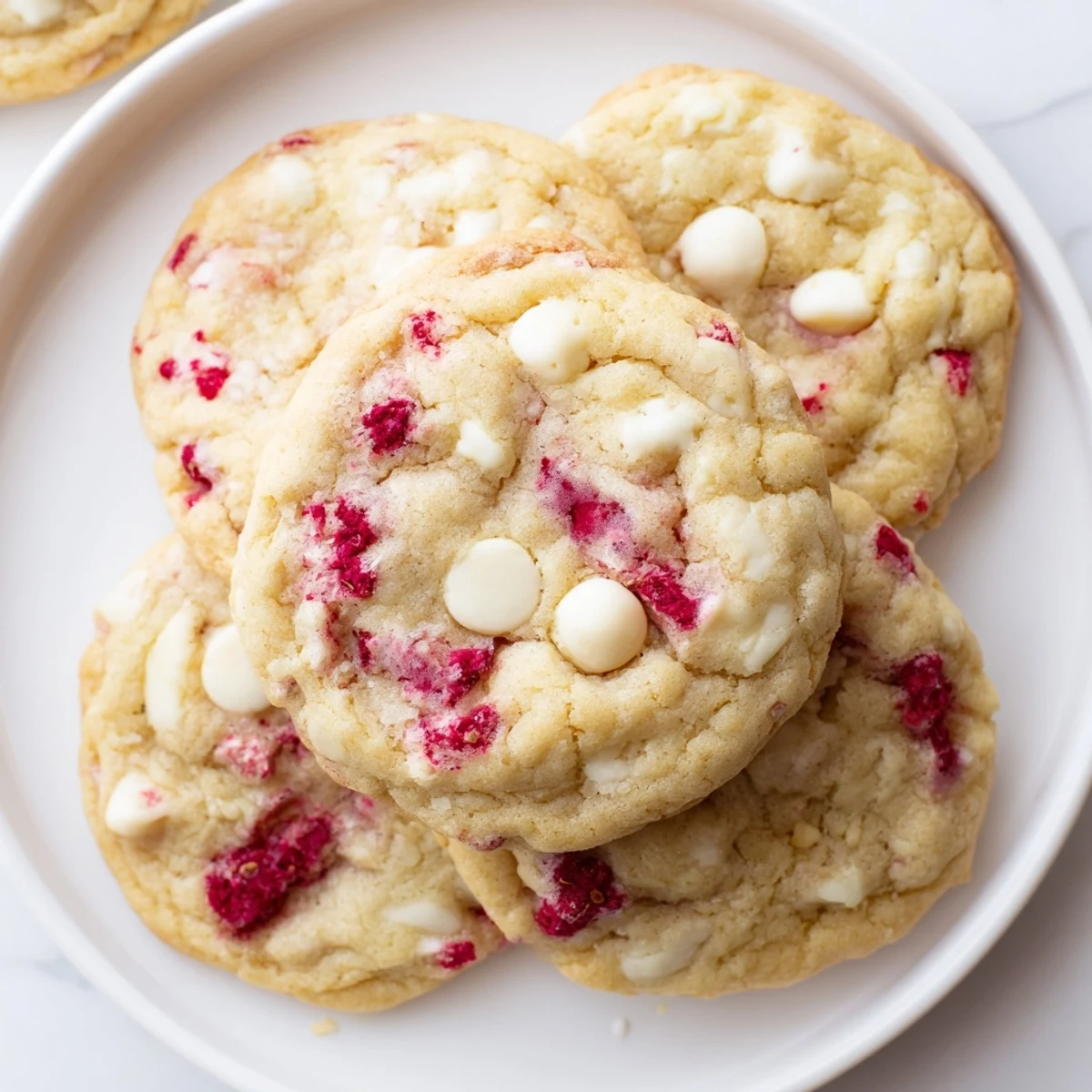 Golden Lemon Raspberry Cookies with juicy berry pieces spread on a rustic white plate