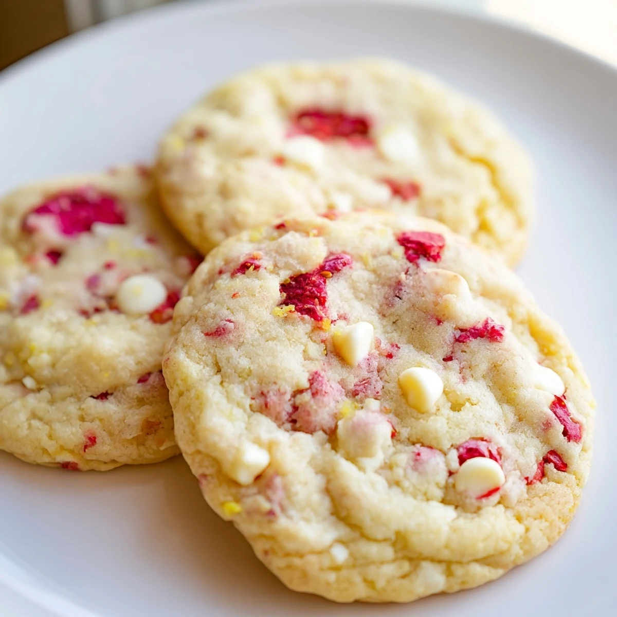 Soft chewy Lemon Raspberry Cookies fresh from the oven with lightly browned edges