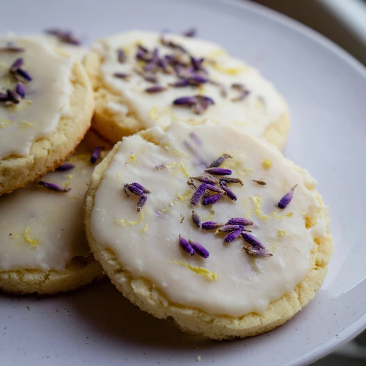 Iced Lemon Lavender Shortbread Cookies drizzled with bright citrus icing on a rustic wooden serving board