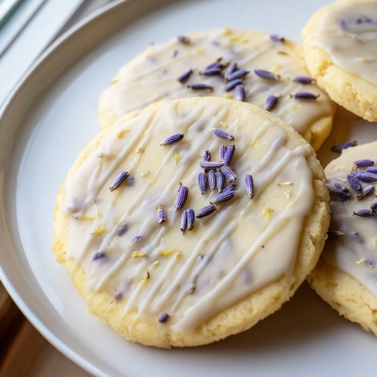 Buttery Iced Lemon Lavender Shortbread Cookies with golden edges and sweet glaze arranged on parchment paper