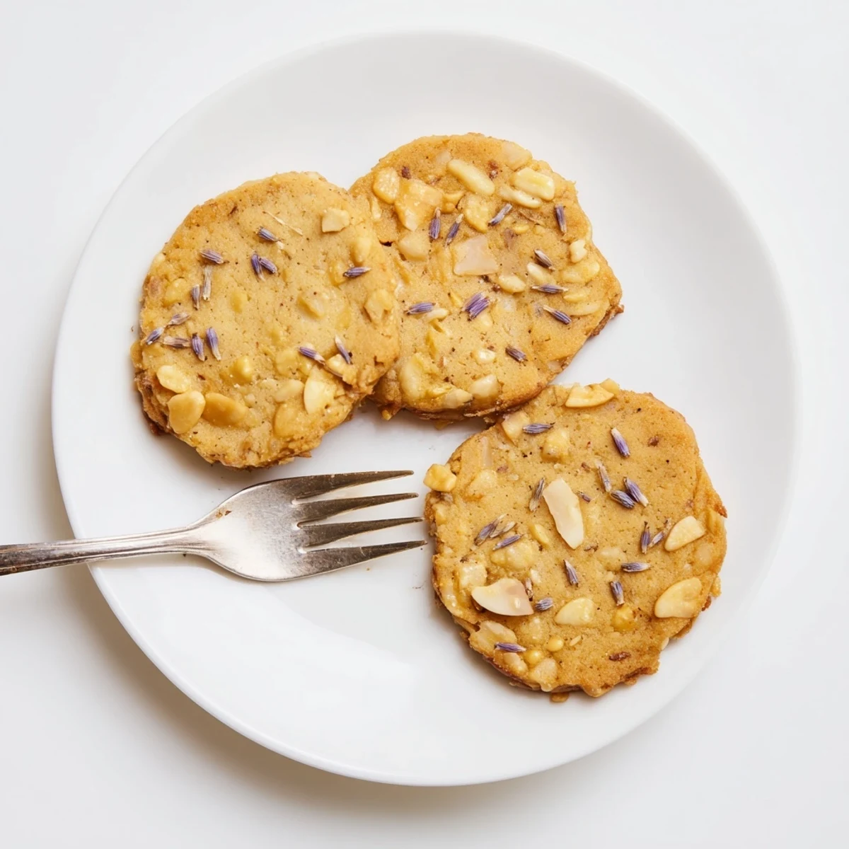 Golden Lavender Honey Crunch Cookies with toasted nuts arranged on a rustic white serving plate