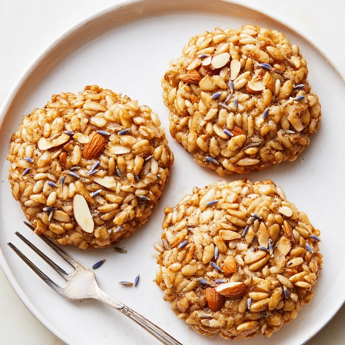 Crispy Lavender Honey Crunch Cookies topped with chopped almonds beside a steaming teacup