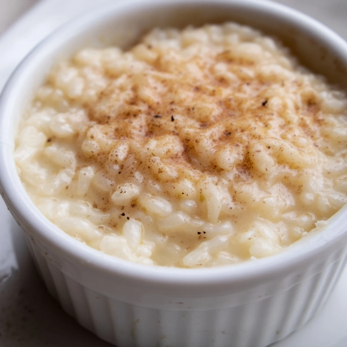 Creamy Portuguese rice custard topped with golden cinnamon sugar in white ramekins