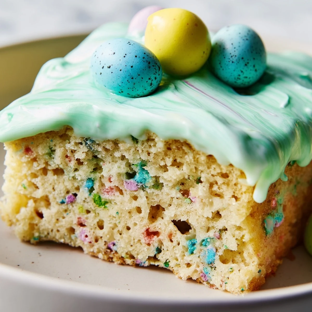 Robin Egg Snack Cake with pastel glaze and speckled candy eggs on tender vanilla crumb