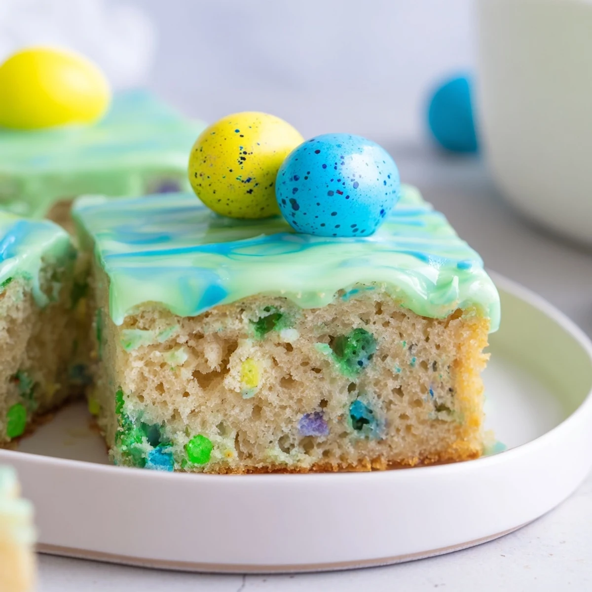 Speckled candy-coated robin eggs top this moist vanilla snack cake with swirled glaze