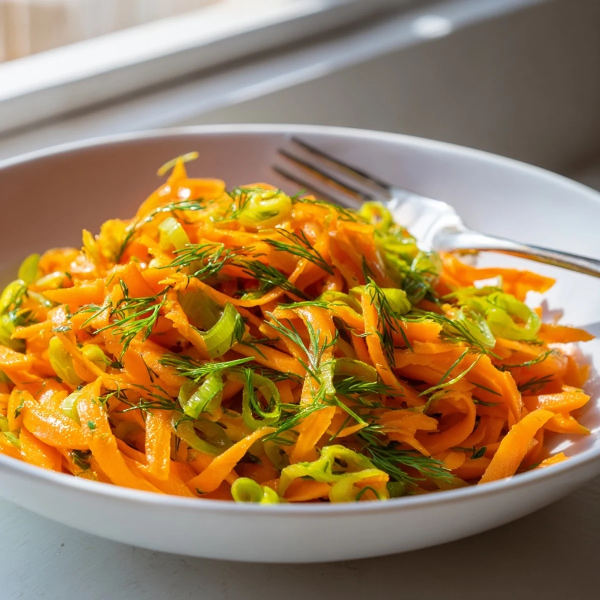 Vibrant orange carrot ribbons tossed in zesty lemon and fragrant fresh dill marinade
