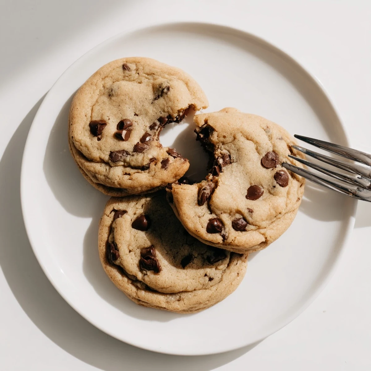 Soft nut free chocolate chip cookies with golden edges stacked on a cooling rack