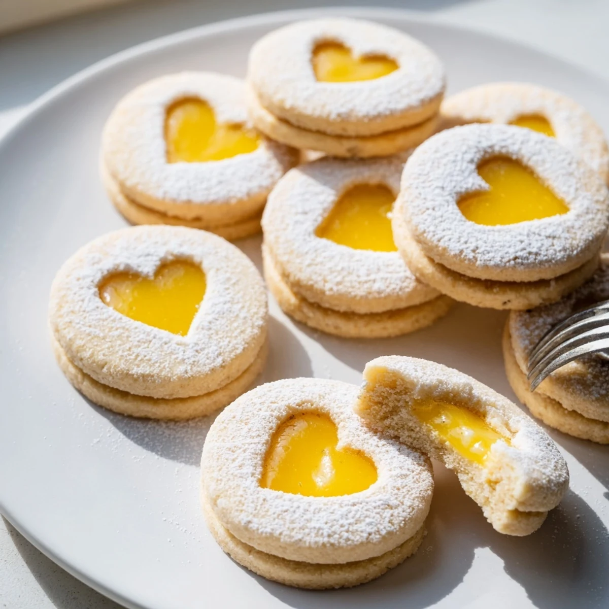 Meyer Lemon Curd Linzer Cookies with delicate almond shortbread and bright citrus filling peeking through cutout windows