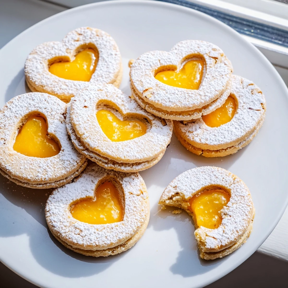Dusted Meyer Lemon Curd Linzer Cookies arranged on a rustic plate showcasing golden edges and tangy center