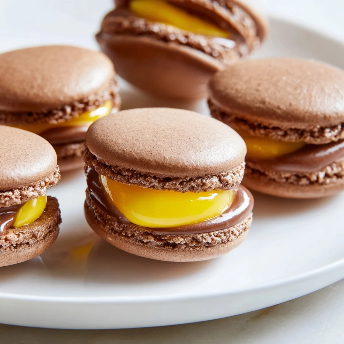 Cadbury Egg Macarons with glossy chocolate shells and creamy yellow center filling