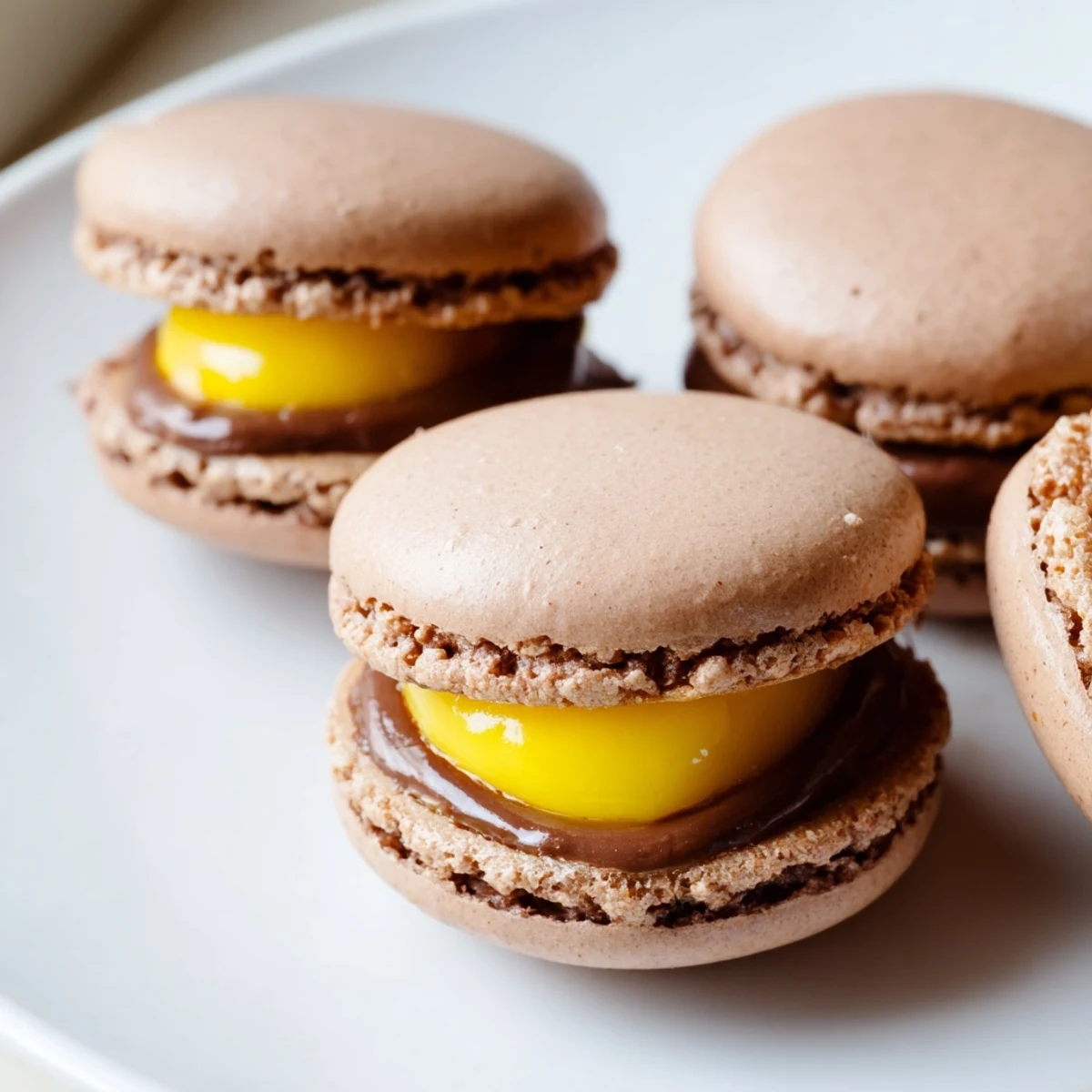 Smooth chocolate ganache oozing from delicate Cadbury Egg Macarons on serving plate