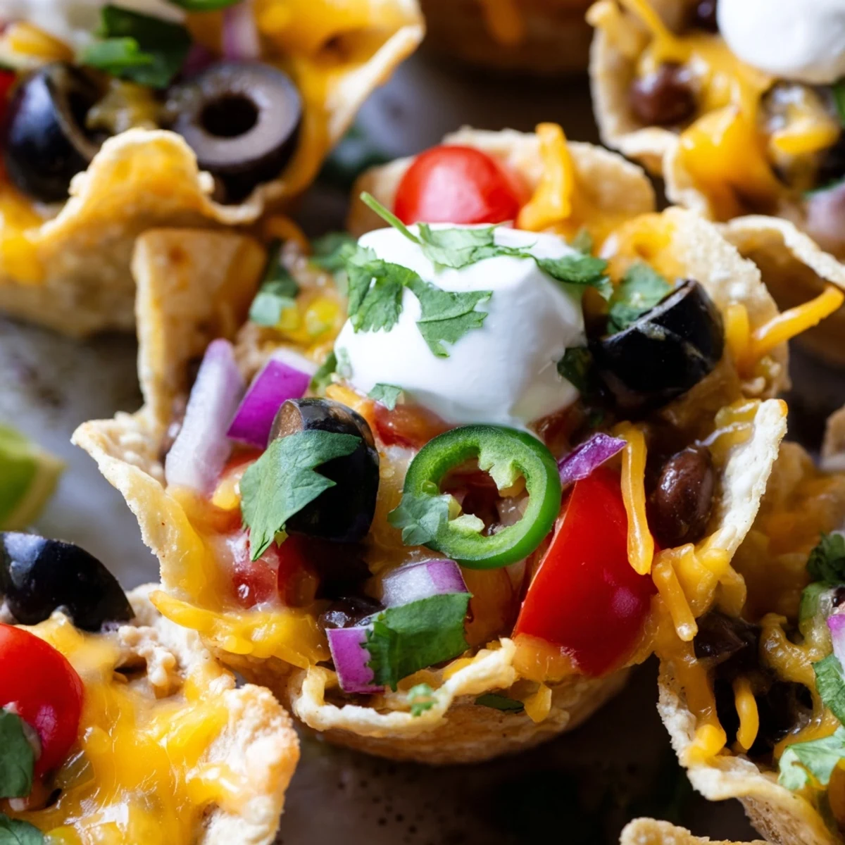 Golden cheesy nacho cups bubbling with melted cheddar and colorful fresh toppings arranged on a platter