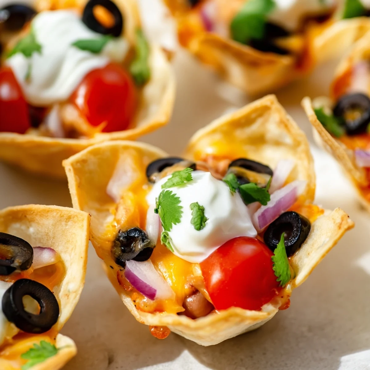 Mini tortilla cups overflowing with gooey Monterey Jack cheese beans tomatoes and jalapeños fresh from the oven