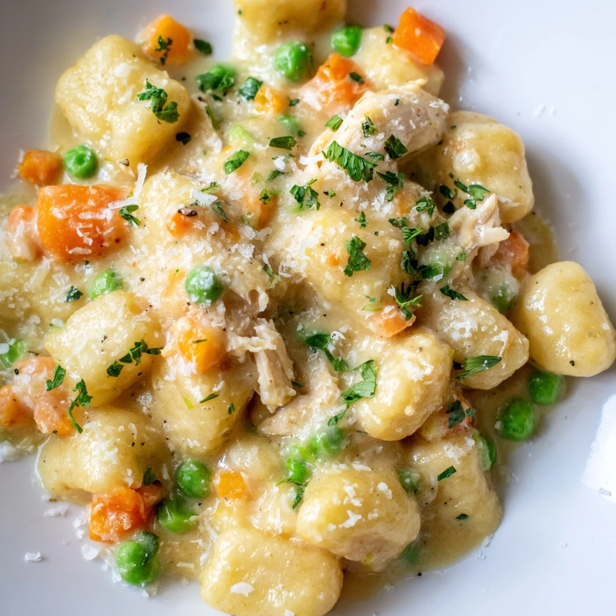 Creamy one pot gnocchi chicken pot pie with tender vegetables in golden savory sauce