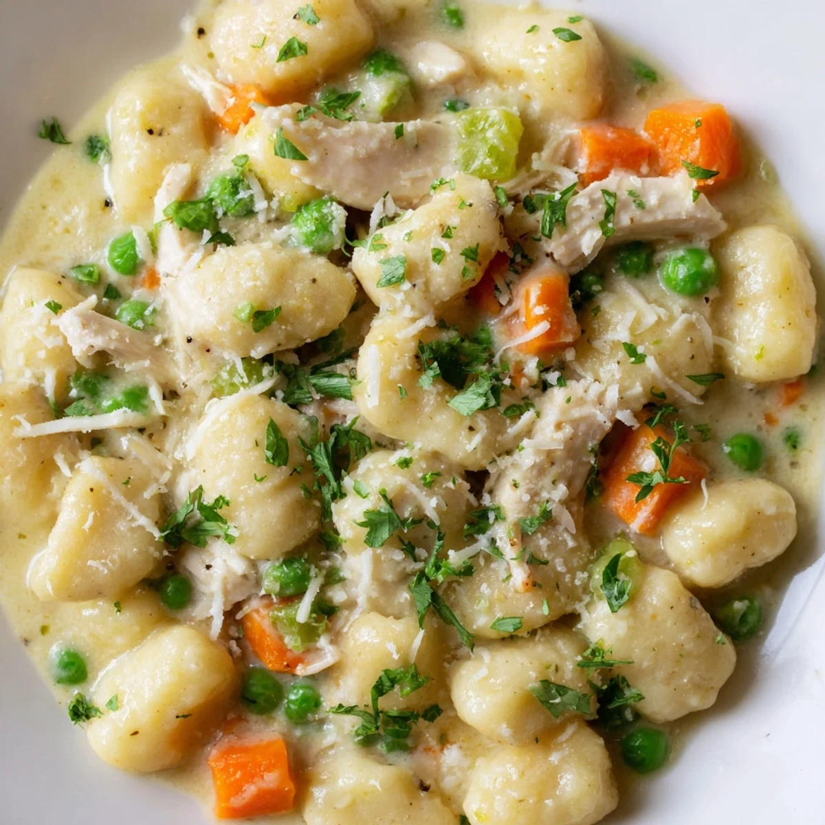 One pot gnocchi chicken pot pie topped with fresh parsley and melted Parmesan