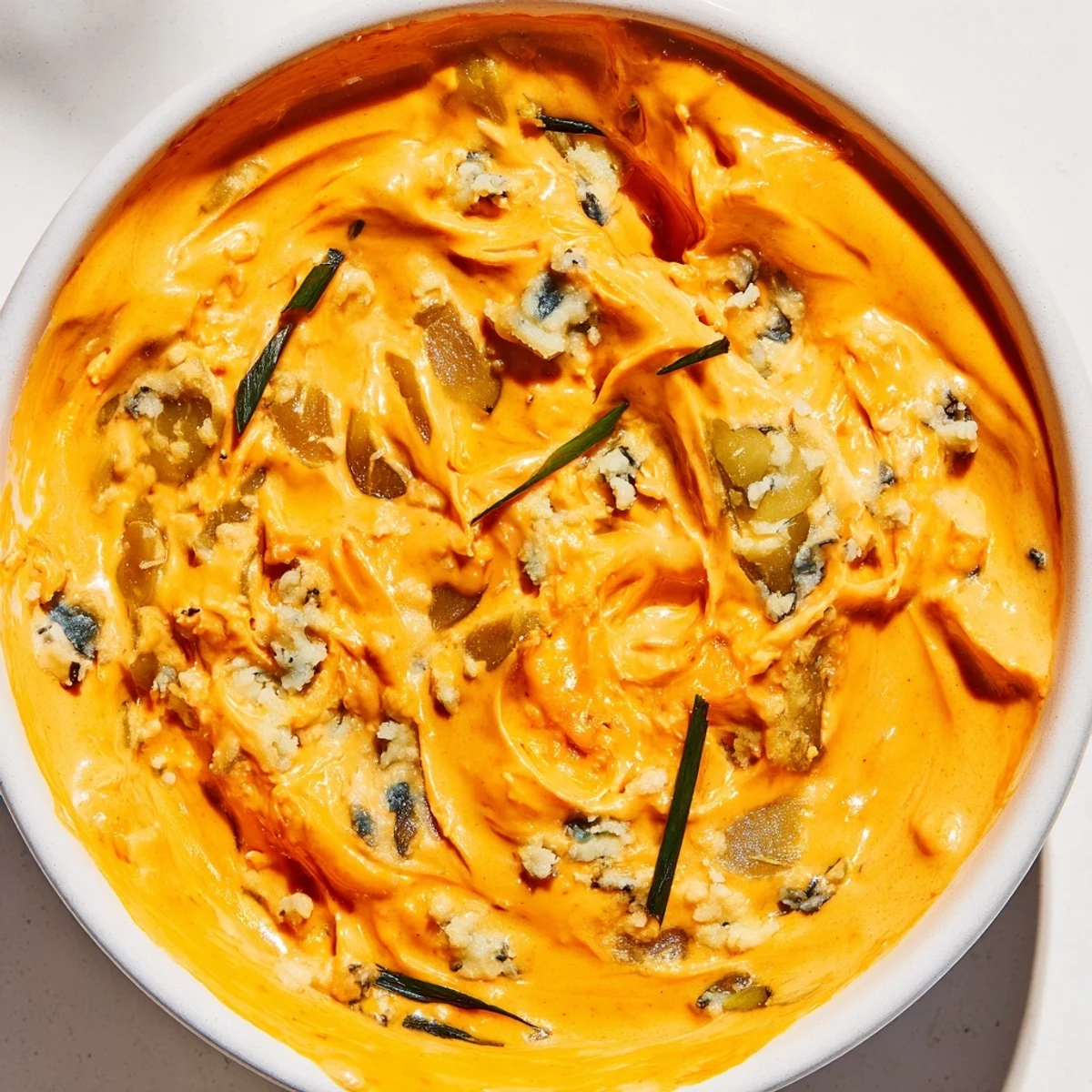 Creamy buffalo pickle dip in a serving bowl surrounded by crispy chips and fresh veggie sticks