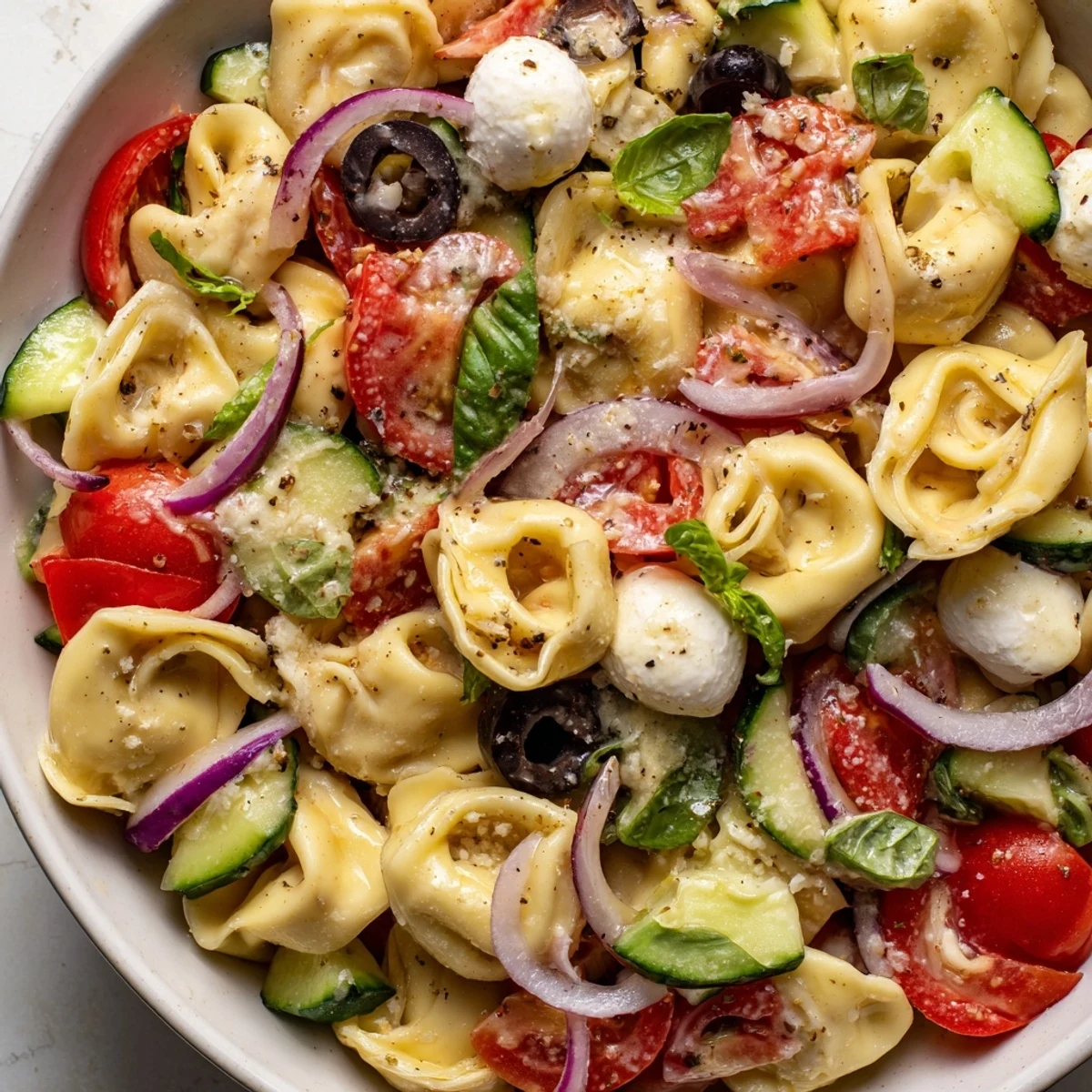 Colorful tortellini salad with cherry tomatoes, cucumber, and mozzarella in zesty Italian dressing