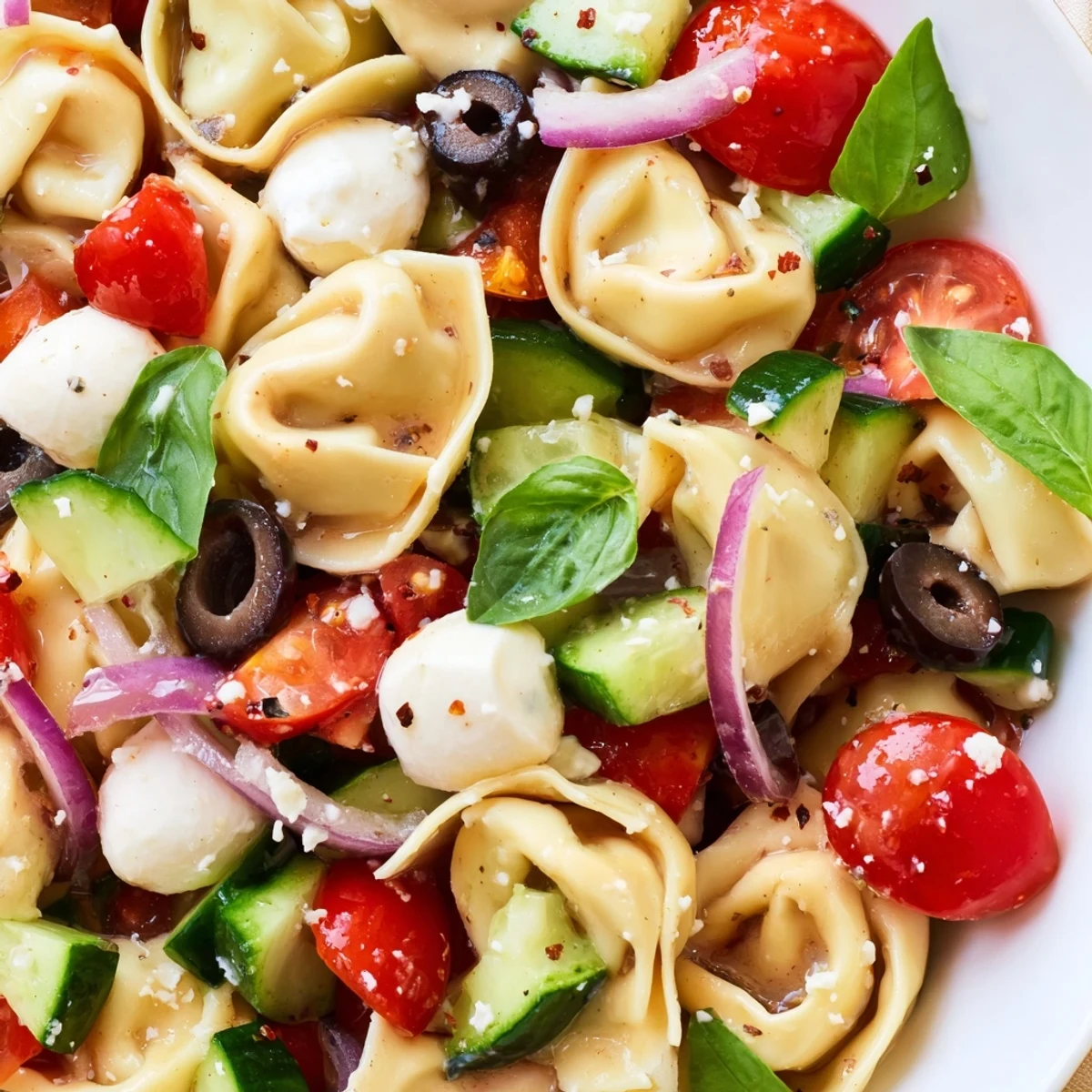 Cheese tortellini tossed with crisp vegetables and fresh basil in a vibrant summer salad