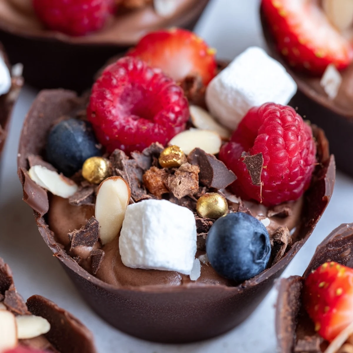 Elegant chocolate grazing cups filled with silky mousse and topped with vibrant fresh berries