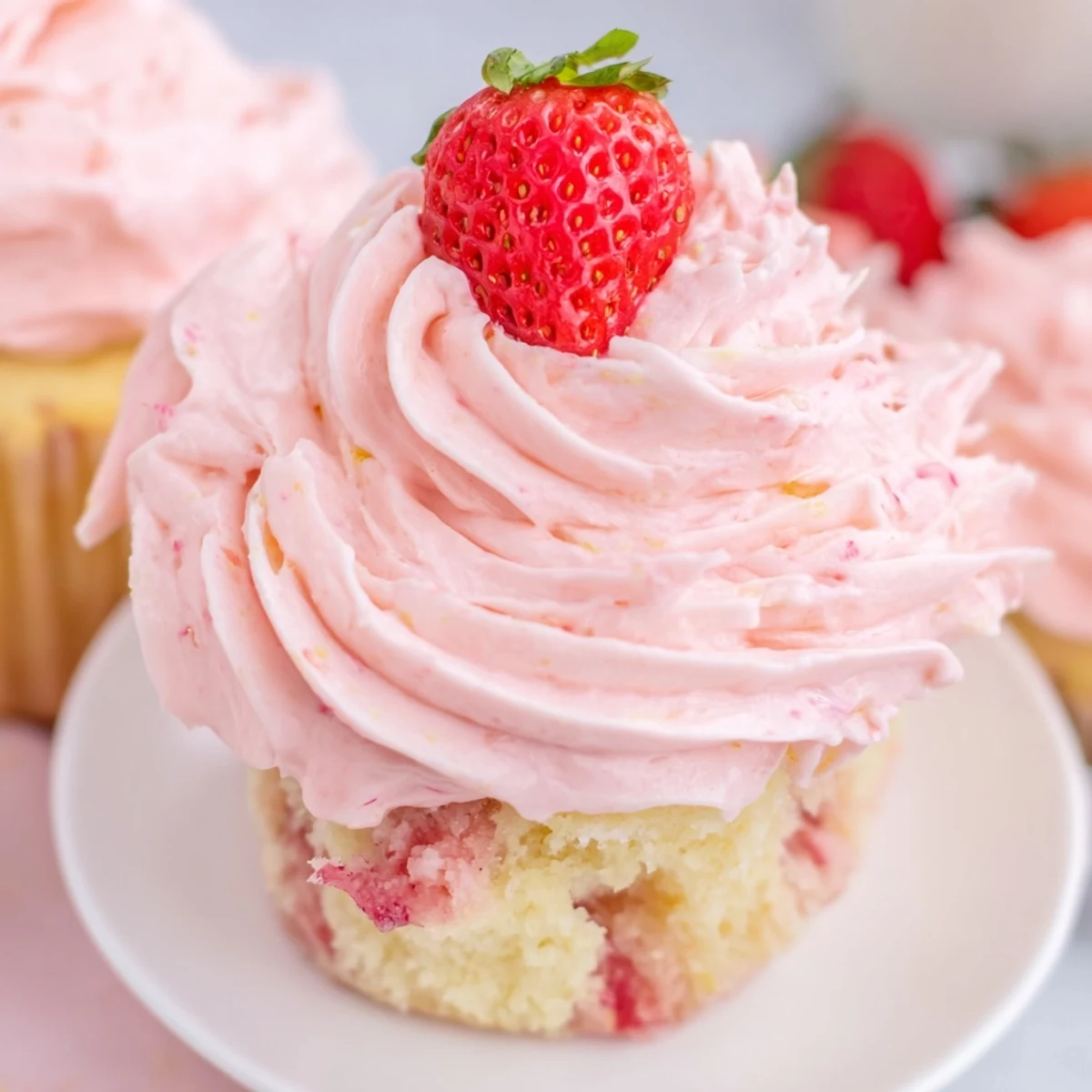 Fluffy strawberry lemonade cupcakes with pillowy buttercream piped high and bright lemon zest