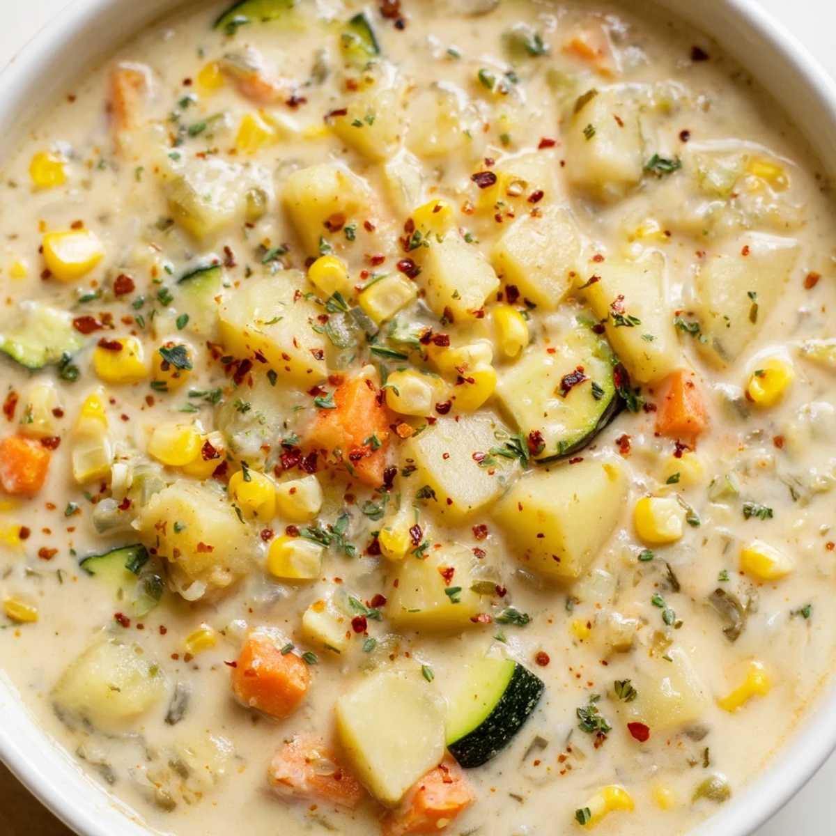 Creamy potato corn zucchini soup in a rustic bowl with fresh parsley garnish on top