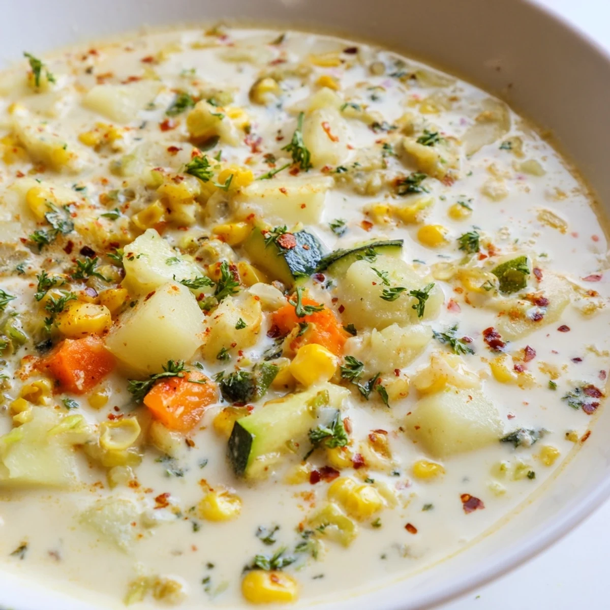Steaming bowl of hearty potato corn zucchini soup featuring colorful vegetables in creamy broth