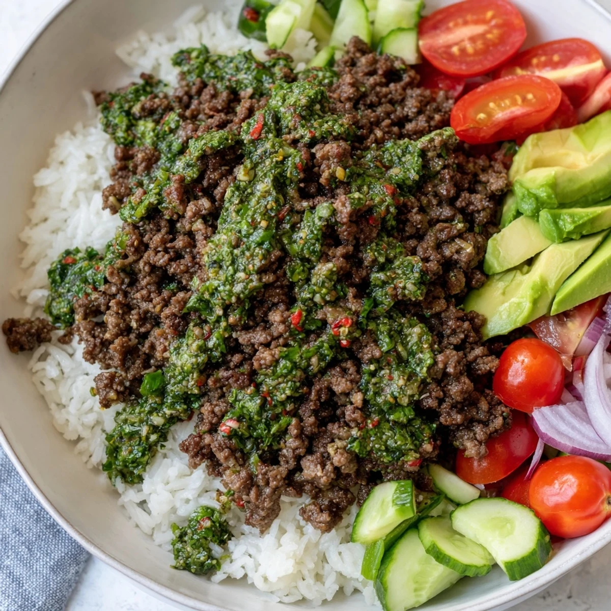 Chimichurri ground beef bowls with vibrant green sauce over fluffy white rice