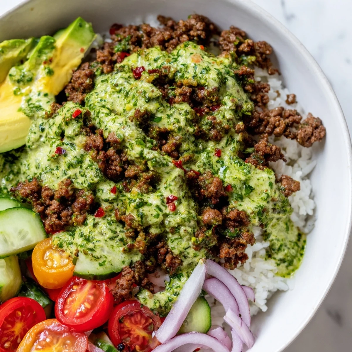 Hearty chimichurri ground beef bowls layered with fresh avocado and crisp vegetables