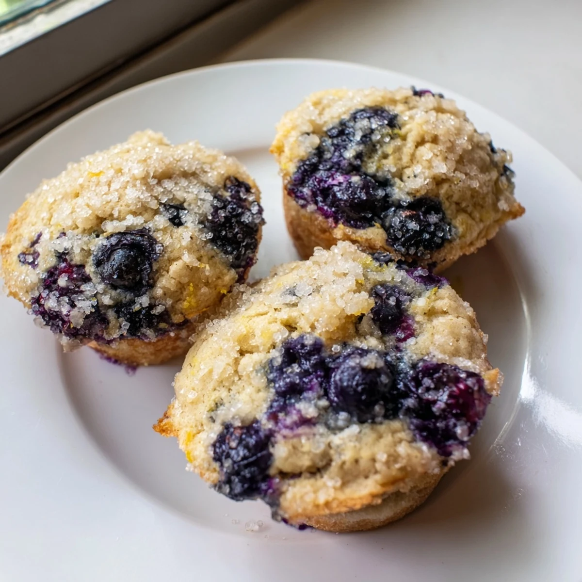 Cake-like blueberry muffin cookies fresh from the oven, sprinkled with crunchy turbinado sugar on top.