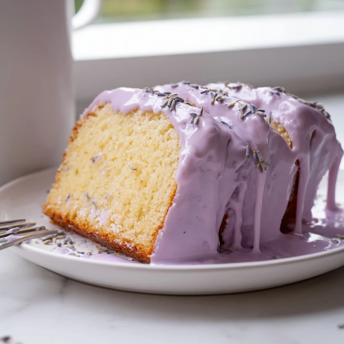 Smooth lavender glaze drizzled over a golden pound cake slice on a white plate